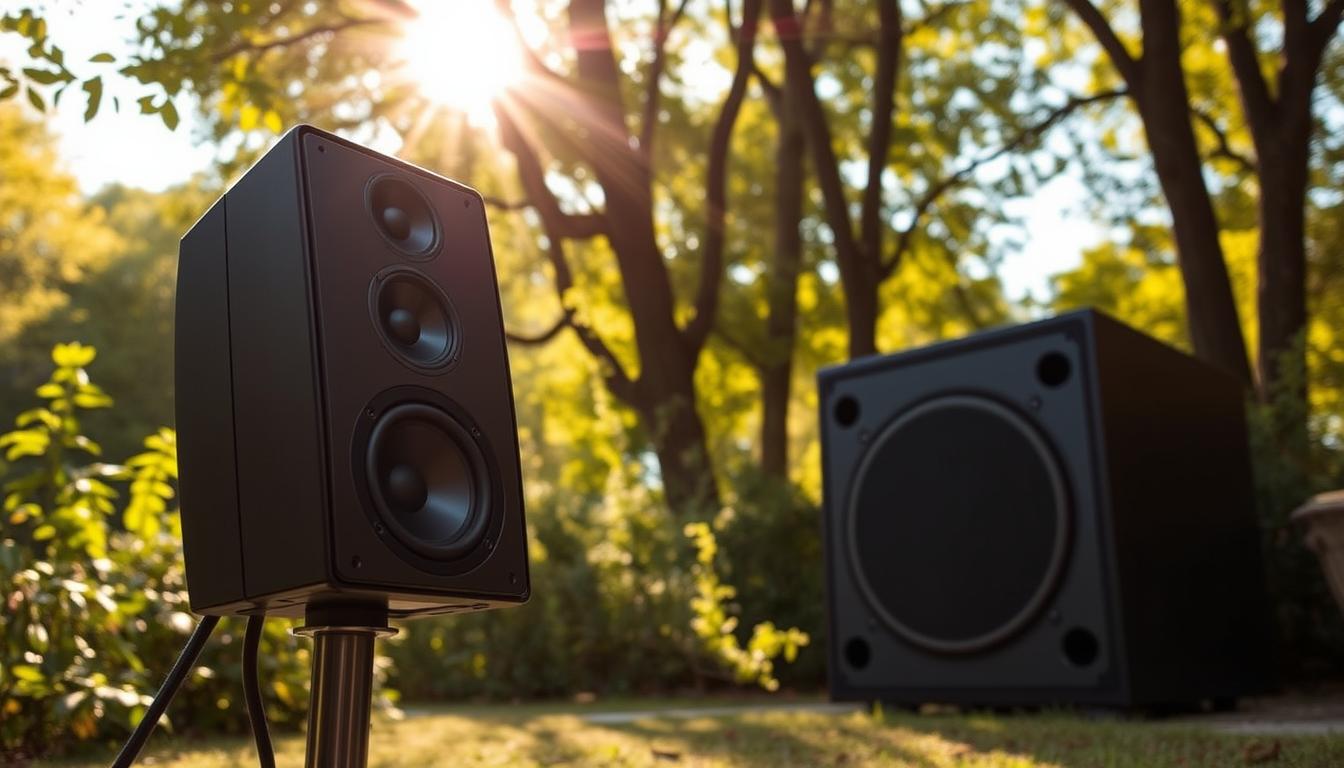 Outdoor speaker bass comparison: A detailed scene showcasing two high-quality outdoor speakers in a lush, natural setting. In the foreground, a satellite speaker with sleek, modern design and prominent drivers. In the middle ground, a larger ground-based speaker system with a powerful subwoofer. Sunlight filters through the trees, casting warm, golden tones across the scene. The speakers are positioned to illustrate their size, placement, and bass response capabilities. The image conveys a sense of audiophile-grade sound quality and immersive outdoor ambiance.