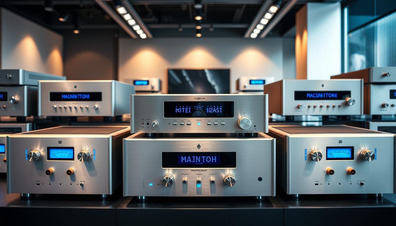 Sleek and sophisticated McIntosh receiver models showcased in a contemporary showroom setting. Prominent center display of the latest flagship amplifier, surrounded by a harmonious arrangement of silver-brushed aluminum faceplates and glowing blue power meters. Subtle backlighting casts a warm glow, while a minimalist, angular design evokes the brand's iconic aesthetic. High-resolution detail captures the tactile quality of the knobs and controls. The scene conveys a sense of timeless elegance and technological prowess, befitting the esteemed McIntosh legacy. Sleek and sophisticated McIntosh receiver models showcased in a contemporary showroom setting. Prominent center display of the latest flagship amplifier, surrounded by a harmonious arrangement of silver-brushed aluminum faceplates and glowing blue power meters. Subtle backlighting casts a warm glow, while a minimalist, angular design evokes the brand's iconic aesthetic. High-resolution detail captures the tactile quality of the knobs and controls. The scene conveys a sense of timeless elegance and technological prowess, befitting the esteemed McIntosh legacy.