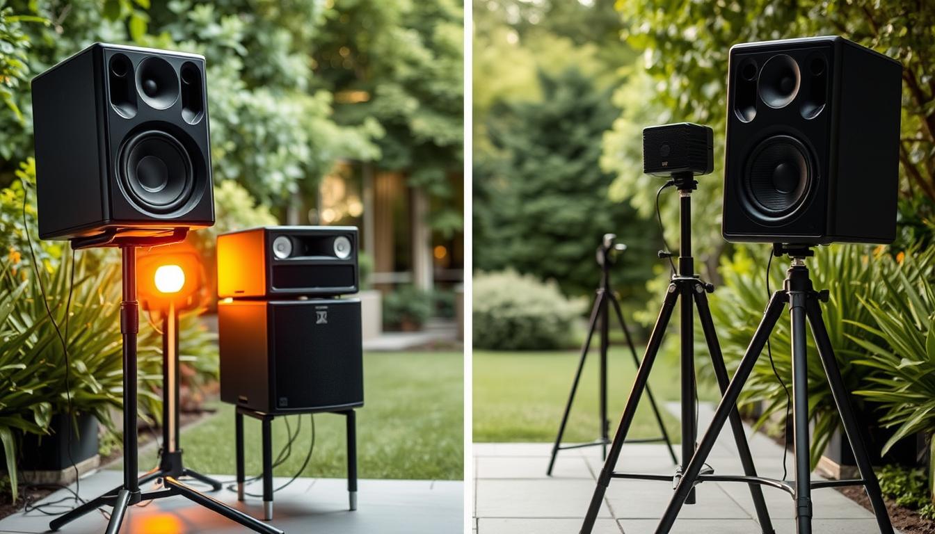 Two sleek outdoor audio setups stand side-by-side, showcasing the distinct differences between a premium and a budget system. The premium setup features high-end weatherproof speakers mounted on sturdy metal stands, artfully positioned to create an immersive soundscape. Warm lighting casts a soft glow, accentuating the premium system's modern and sophisticated design. In contrast, the budget setup utilizes more basic, portable speakers on simple tripods, with a more utilitarian aesthetic. The background depicts a lush, verdant garden setting, highlighting the systems' intended outdoor use. The lighting is slightly dimmer, creating a tranquil, natural ambiance. The overall composition emphasizes the visual and functional distinctions between the two audio solutions, inviting the viewer to consider their respective merits.