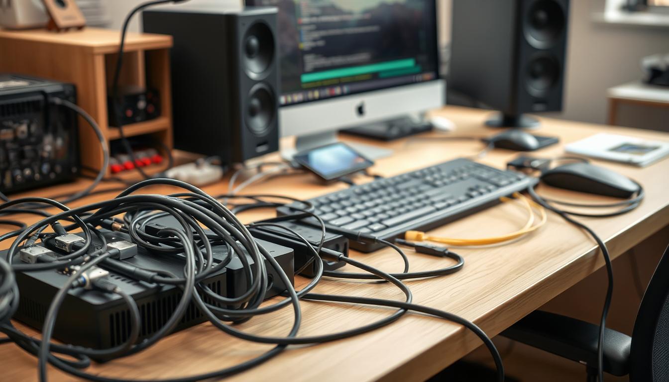 a detailed, high-quality image of a workspace with various cables and wires neatly organized and routed, showcasing practical cable management techniques. the scene features a desk, computer setup, and other electronics, with cables thoughtfully arranged to minimize clutter and maximize organization. the lighting is soft and natural, highlighting the textures and materials of the cables and components. the camera angle is slightly elevated, providing a comprehensive view of the setup. the overall mood is one of efficiency, order, and attention to detail, reflecting the subject of the article section. a detailed, high-quality image of a workspace with various cables and wires neatly organized and routed, showcasing practical cable management techniques. the scene features a desk, computer setup, and other electronics, with cables thoughtfully arranged to minimize clutter and maximize organization. the lighting is soft and natural, highlighting the textures and materials of the cables and components. the camera angle is slightly elevated, providing a comprehensive view of the setup. the overall mood is one of efficiency, order, and attention to detail, reflecting the subject of the article section.