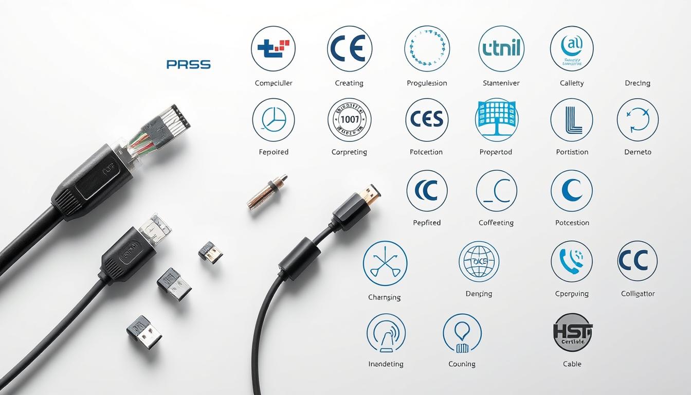 a detailed technical illustration of various cable compatibility and certification standards, showcasing a diverse array of cable types, connectors, and their corresponding certification logos arranged in a clean, organized manner against a neutral background with subtle gradients and shadows to create depth and emphasize the technical aspects, shot with a high-resolution camera using precise lighting to highlight the intricate details and textures of the cables and certifications a detailed technical illustration of various cable compatibility and certification standards, showcasing a diverse array of cable types, connectors, and their corresponding certification logos arranged in a clean, organized manner against a neutral background with subtle gradients and shadows to create depth and emphasize the technical aspects, shot with a high-resolution camera using precise lighting to highlight the intricate details and textures of the cables and certifications