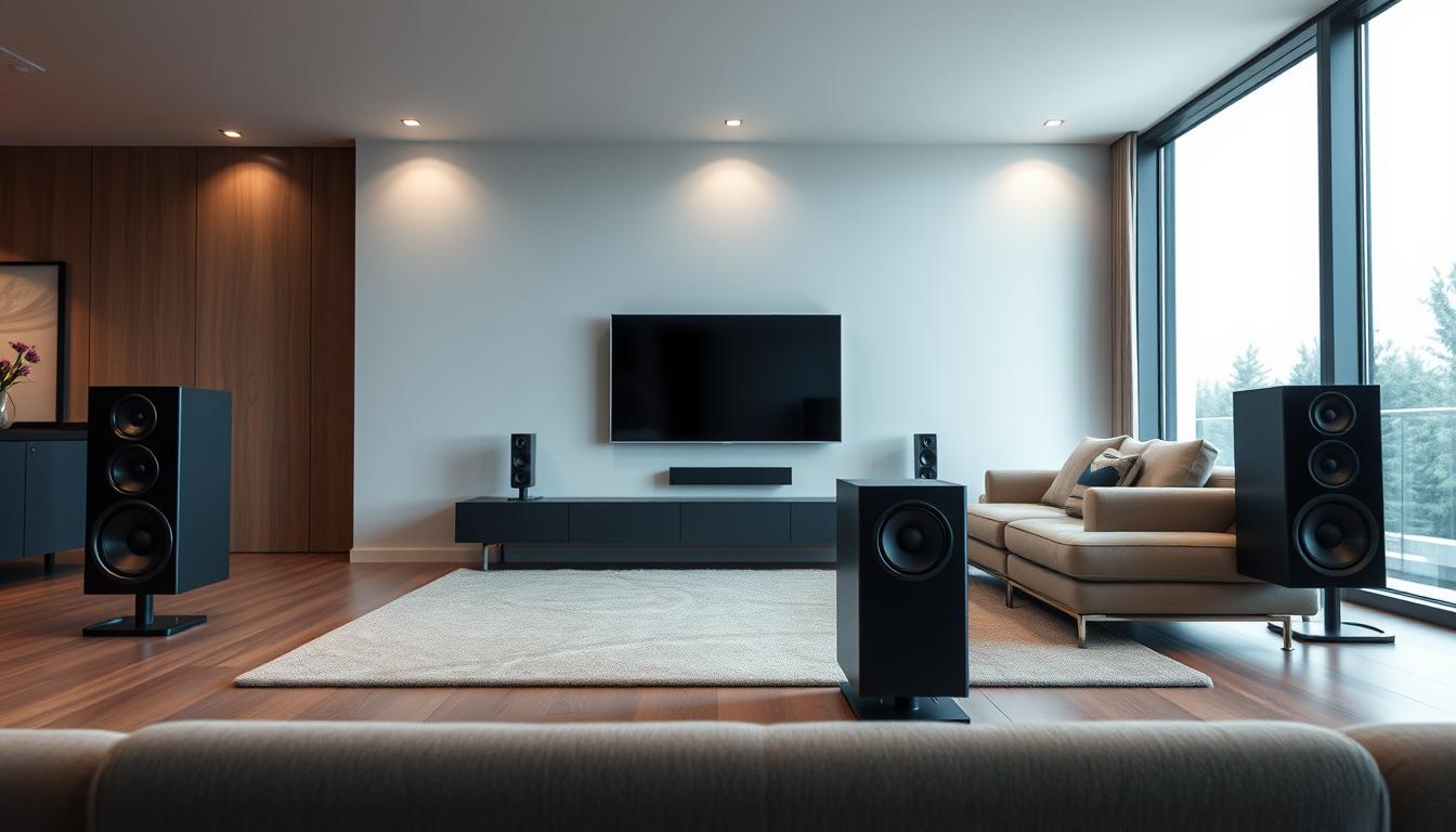 a high-quality, photorealistic image of a center channel speaker setup, showcasing its benefits for home audio. The image should depict a sleek, modern living room with a high-end audio system. The center channel speaker should be prominently featured, with clear detail and precise rendering of its design, materials, and finish. The room should be well-lit, with a combination of natural and artificial lighting that highlights the speaker's aesthetics and integrates it seamlessly into the environment. The overall atmosphere should convey a sense of audio fidelity, immersion, and the enhanced listening experience provided by a dedicated center channel. The image should not contain any text or overlays, allowing the viewer to focus solely on the visual representation of the center channel's benefits.