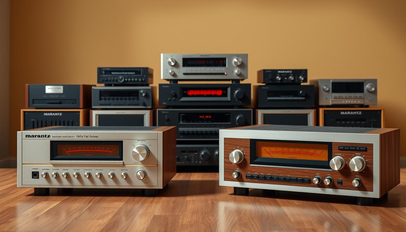 a high-quality, photorealistic image of vintage Marantz receiver models from the 1970s, arranged on a wooden surface in a warm, evenly-lit studio setting. The receivers are displayed in the foreground, showcasing their iconic retro designs with sleek aluminum faceplates, wood-paneled sides, and prominent analog tuning dials. The middle ground features additional Marantz components like tape decks and equalizers, creating a cohesive vintage hi-fi setup. The background is softly blurred, highlighting the attention to detail on the receivers. The overall scene conveys a sense of timeless audio engineering and the "golden age" of home stereo equipment.
