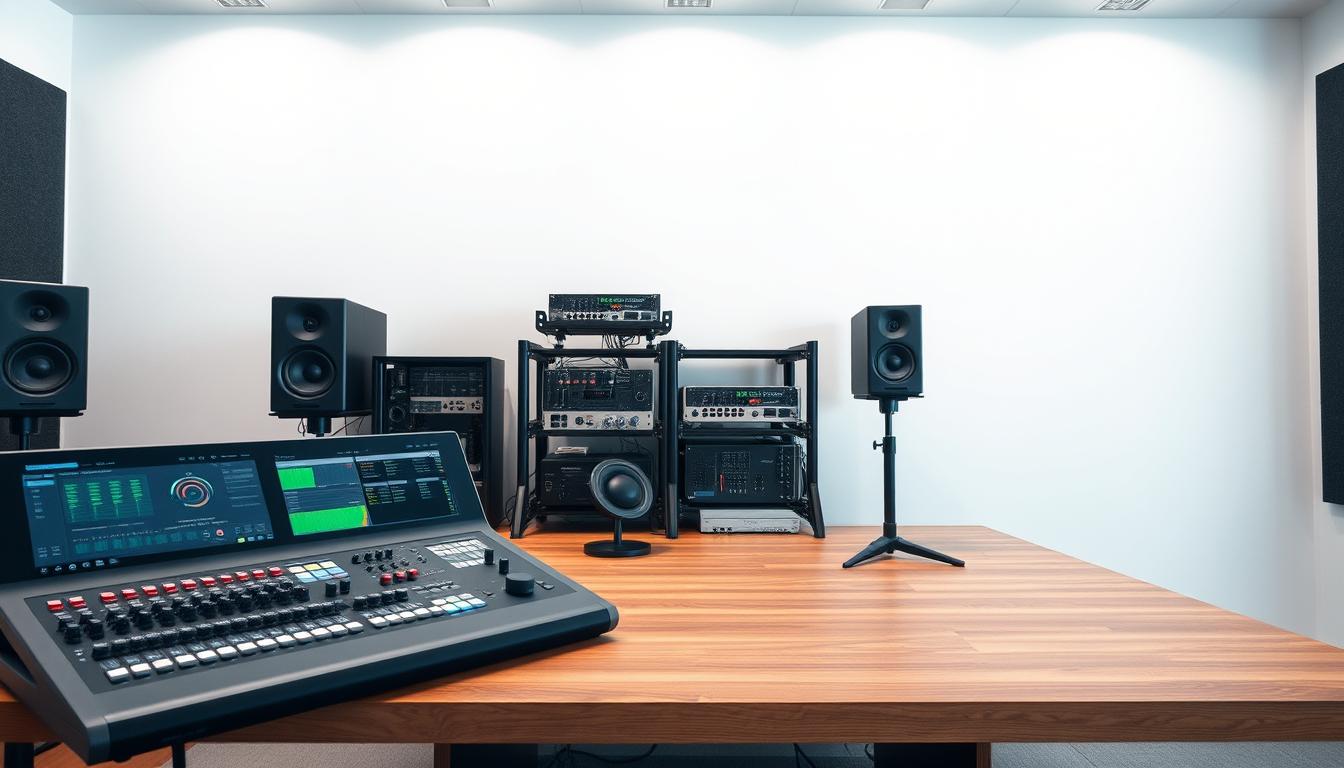 a highly advanced, future-proof audio setup arranged on a sleek, minimalist wooden table. In the foreground, a cutting-edge mixing console with intuitive touch controls and customizable displays. Behind it, a sophisticated rack system housing state-of-the-art digital signal processors, network hubs, and power conditioners, all connected via high-speed fiber optic cables. In the background, a pair of studio-grade monitor speakers mounted on adjustable stands, their curved enclosures radiating warm, distortion-free sound. Overhead, a modern, dimmable LED lighting system casts a soft, even glow across the entire setup, creating a professional, technologically-advanced atmosphere. The scene conveys a sense of seamless, lag-free audio integration, ready to adapt to the demands of the future.