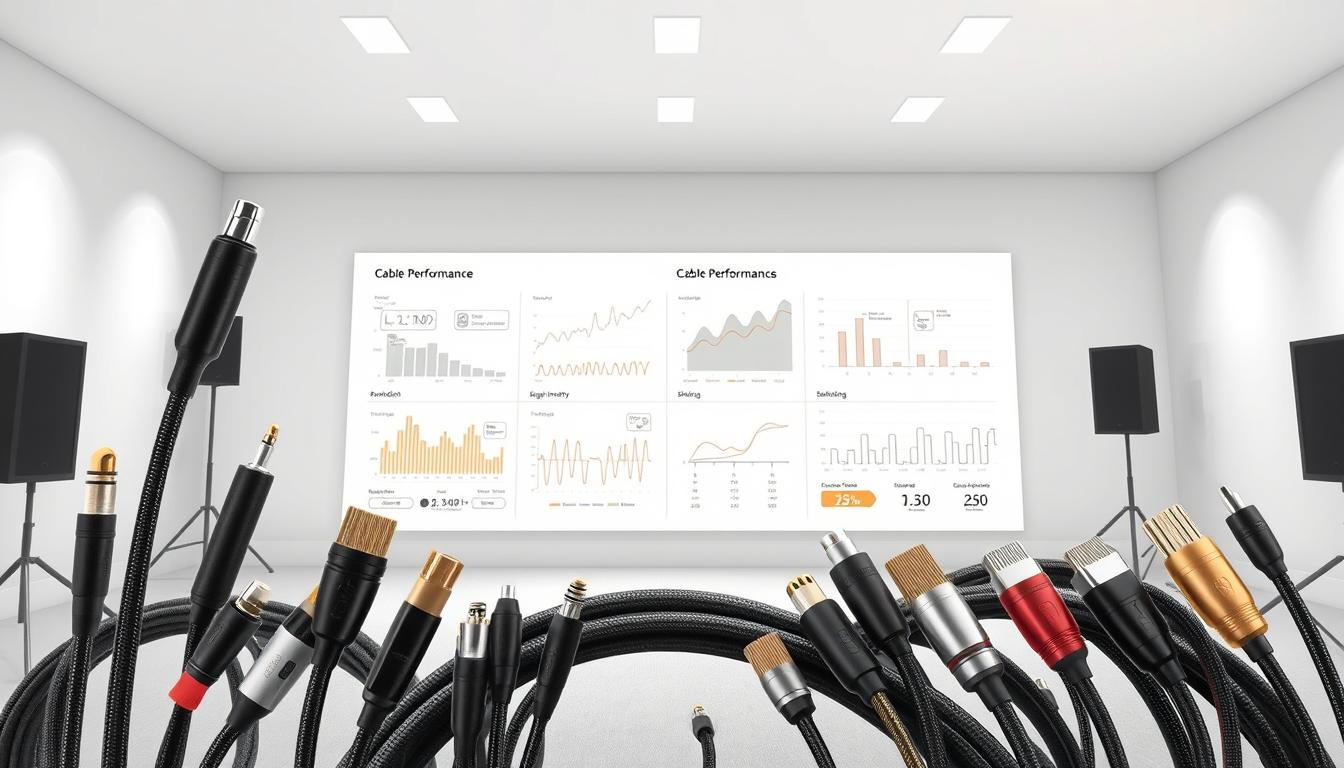 a highly detailed, photorealistic illustration of cable performance factors, showcasing various cables in a controlled studio environment with precise lighting and camera angles to highlight their technical specifications and capabilities. The foreground should feature a selection of high-quality audio, video, and data cables of different types, thicknesses, and connectors, arranged in an organized manner. The middle ground should include technical diagrams, charts, and graphs illustrating key performance metrics such as bandwidth, signal integrity, shielding, and noise rejection. The background should depict a clean, minimalist setting with a soft, neutral color palette to emphasize the technical nature of the subject matter. The overall mood should convey a sense of professionalism, precision, and educational value. a highly detailed, photorealistic illustration of cable performance factors, showcasing various cables in a controlled studio environment with precise lighting and camera angles to highlight their technical specifications and capabilities. The foreground should feature a selection of high-quality audio, video, and data cables of different types, thicknesses, and connectors, arranged in an organized manner. The middle ground should include technical diagrams, charts, and graphs illustrating key performance metrics such as bandwidth, signal integrity, shielding, and noise rejection. The background should depict a clean, minimalist setting with a soft, neutral color palette to emphasize the technical nature of the subject matter. The overall mood should convey a sense of professionalism, precision, and educational value.
