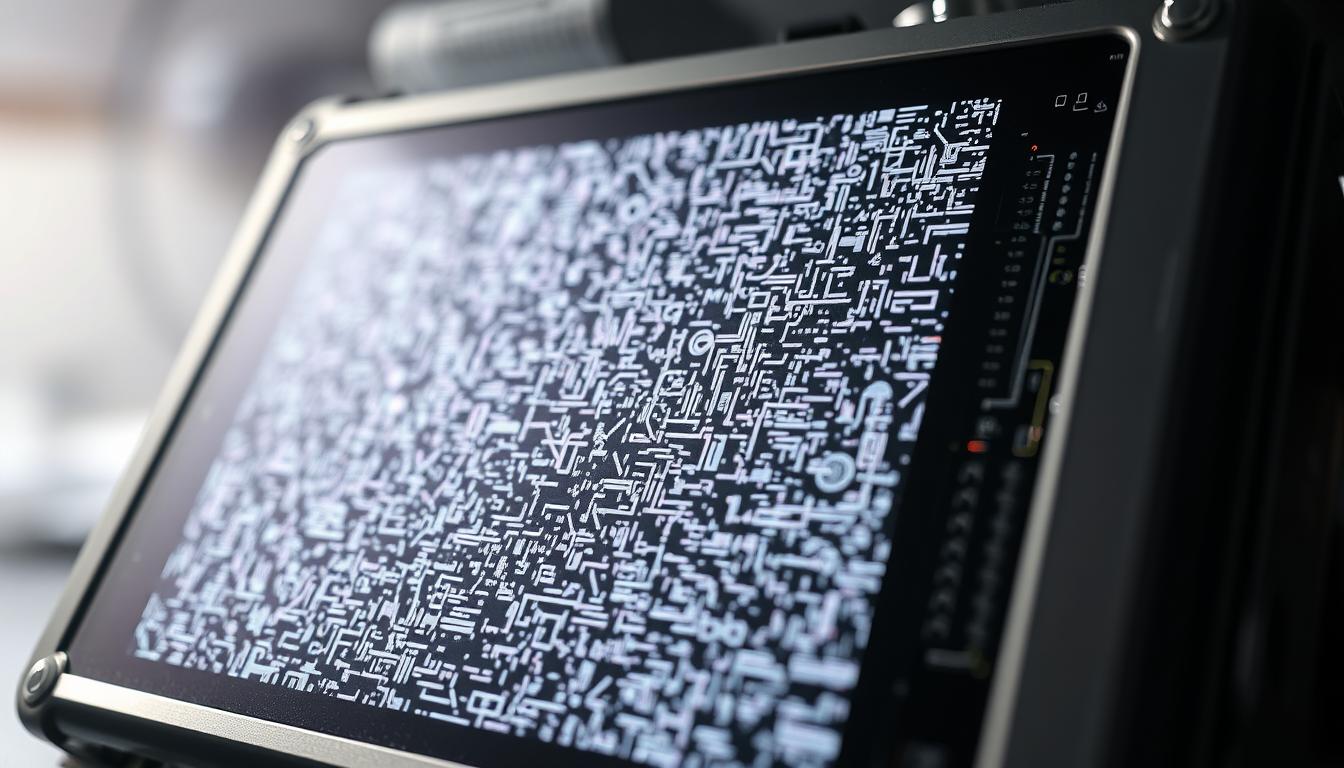 a highly detailed, photorealistic image of electromagnetic interference causing static noise on an electronic device's display, viewed close-up from a slightly angled perspective. The foreground depicts the device's screen, filled with a chaotic pattern of distorted, pixelated static and visual artifacts. The middle ground shows the device's casing, with intricate metallic textures and components visible. The background is hazy and blurred, evoking a sense of technical complexity and the unseen forces at play. The lighting is dramatic, with harsh shadows and bright highlights that emphasize the dynamic nature of the interference. The overall mood is one of technological disruption and the unseen complexities of modern electronics. a highly detailed, photorealistic image of electromagnetic interference causing static noise on an electronic device's display, viewed close-up from a slightly angled perspective. The foreground depicts the device's screen, filled with a chaotic pattern of distorted, pixelated static and visual artifacts. The middle ground shows the device's casing, with intricate metallic textures and components visible. The background is hazy and blurred, evoking a sense of technical complexity and the unseen forces at play. The lighting is dramatic, with harsh shadows and bright highlights that emphasize the dynamic nature of the interference. The overall mood is one of technological disruption and the unseen complexities of modern electronics.