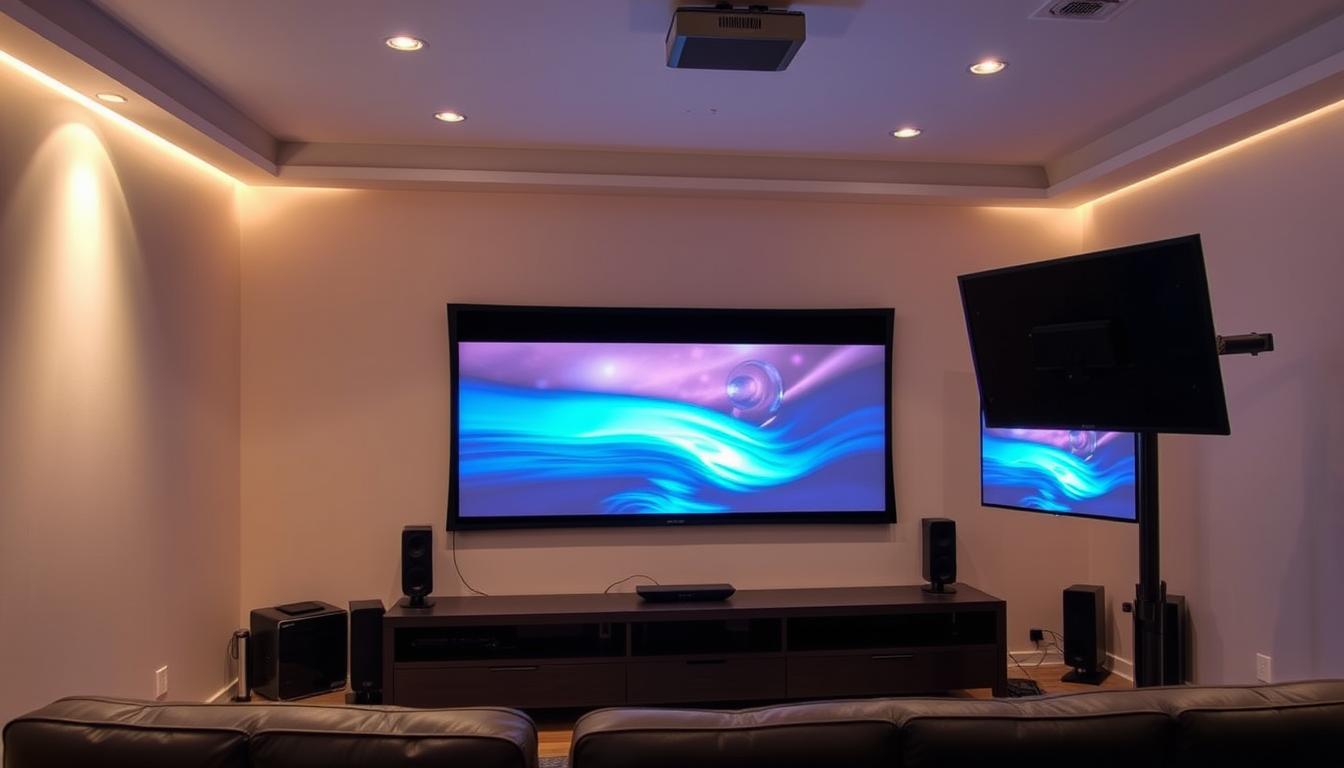 a sleek, modern home theater setup with a variety of budget-friendly video display options, including a large wall-mounted flat-screen TV, a mid-sized projector screen, and a smaller flat-panel display mounted on a movable arm. The room is well-lit with a combination of overhead and ambient lighting, creating a warm and inviting atmosphere. The displays are arranged in a way that allows for optimal viewing angles and minimizes glare. The overall scene conveys a sense of flexibility and customization, showcasing how a home theater can be tailored to fit different budgets and space constraints. a sleek, modern home theater setup with a variety of budget-friendly video display options, including a large wall-mounted flat-screen TV, a mid-sized projector screen, and a smaller flat-panel display mounted on a movable arm. The room is well-lit with a combination of overhead and ambient lighting, creating a warm and inviting atmosphere. The displays are arranged in a way that allows for optimal viewing angles and minimizes glare. The overall scene conveys a sense of flexibility and customization, showcasing how a home theater can be tailored to fit different budgets and space constraints.