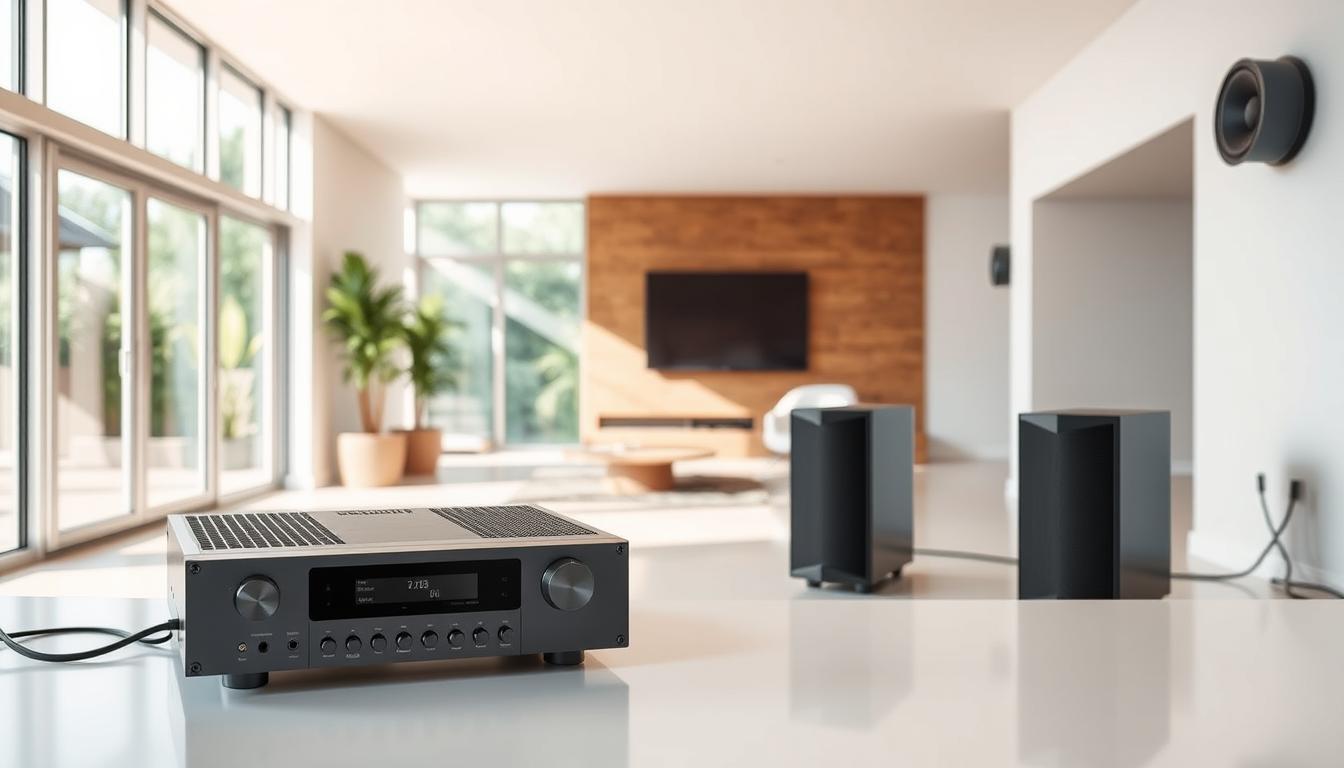 a sleek, modern multi-zone audio system set against a bright, minimalist interior. the foreground showcases the system's key components - a central control unit, several discrete zone amplifiers, and high-quality speakers mounted flush into the walls. the middle ground features a clean, open-concept living space with large windows allowing natural light to flood the room, creating a warm, inviting atmosphere. the background subtly hints at the system's seamless integration, with discreet cabling and inconspicuous wall-mounted touchpads controlling the zones. the overall scene conveys the benefits of a well-designed multi-zone setup - effortless music distribution, customizable sound, and a clutter-free, aesthetically-pleasing living environment.
