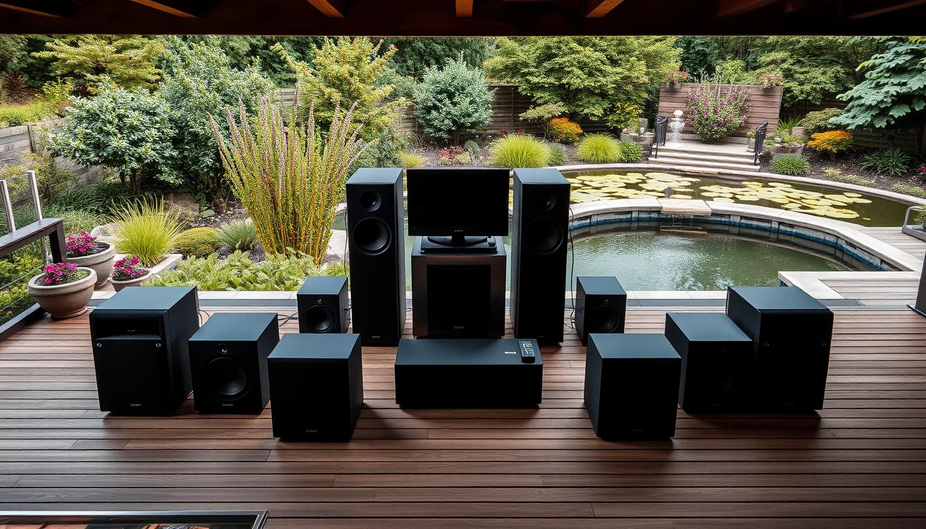a sleek, modern outdoor audio setup with a central sound system installation, surrounded by well-placed speakers and subwoofers. The system is positioned on a stylish wooden deck, with lush greenery and a tranquil pond in the background. Warm, diffused lighting illuminates the scene, creating a cozy and inviting atmosphere. The layout is meticulously planned, with the speakers strategically angled to provide immersive and evenly distributed sound coverage across the outdoor living space. The sound system components are showcased in a visually appealing and functional manner, reflecting the homeowner's attention to detail and desire for an enhanced outdoor audio experience.