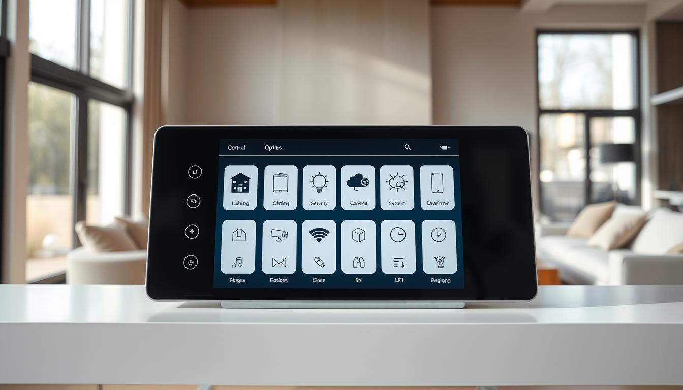a sleek, modern smart home control panel with a touchscreen interface, showcasing various compatible devices and systems such as lighting, climate control, security cameras, and entertainment systems. The panel is situated on a minimalist, white table against a backdrop of a stylish, well-lit living room with large windows, allowing natural light to filter in. The overall scene conveys a sense of technology seamlessly integrated into a comfortable, high-end home environment. a sleek, modern smart home control panel with a touchscreen interface, showcasing various compatible devices and systems such as lighting, climate control, security cameras, and entertainment systems. The panel is situated on a minimalist, white table against a backdrop of a stylish, well-lit living room with large windows, allowing natural light to filter in. The overall scene conveys a sense of technology seamlessly integrated into a comfortable, high-end home environment.